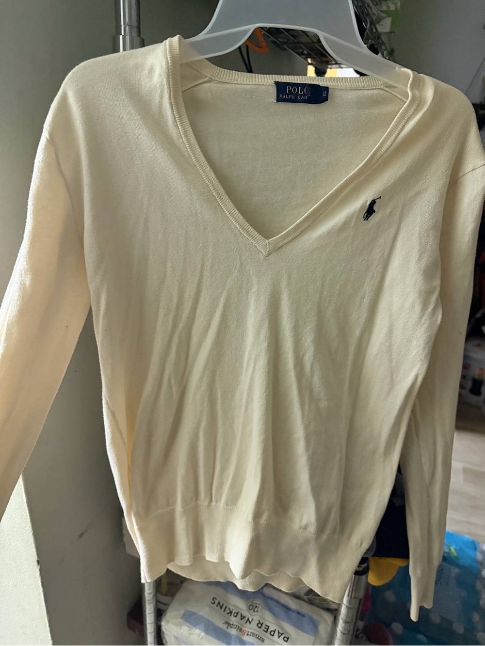 Ralph Lauren Cream Knit V-Neck Sweater with Navy Pony Logo
